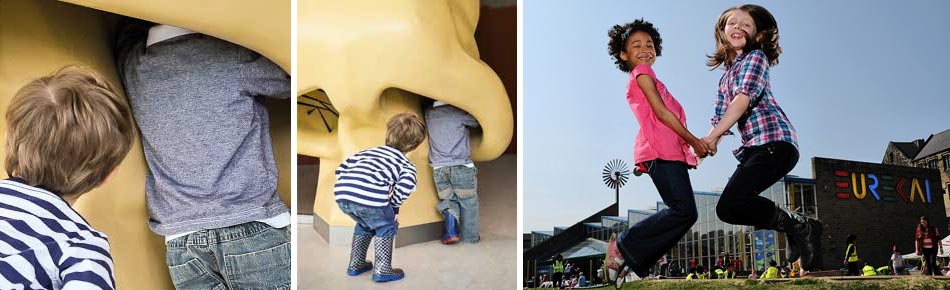 Two children get hands on with a huge nose exhibit